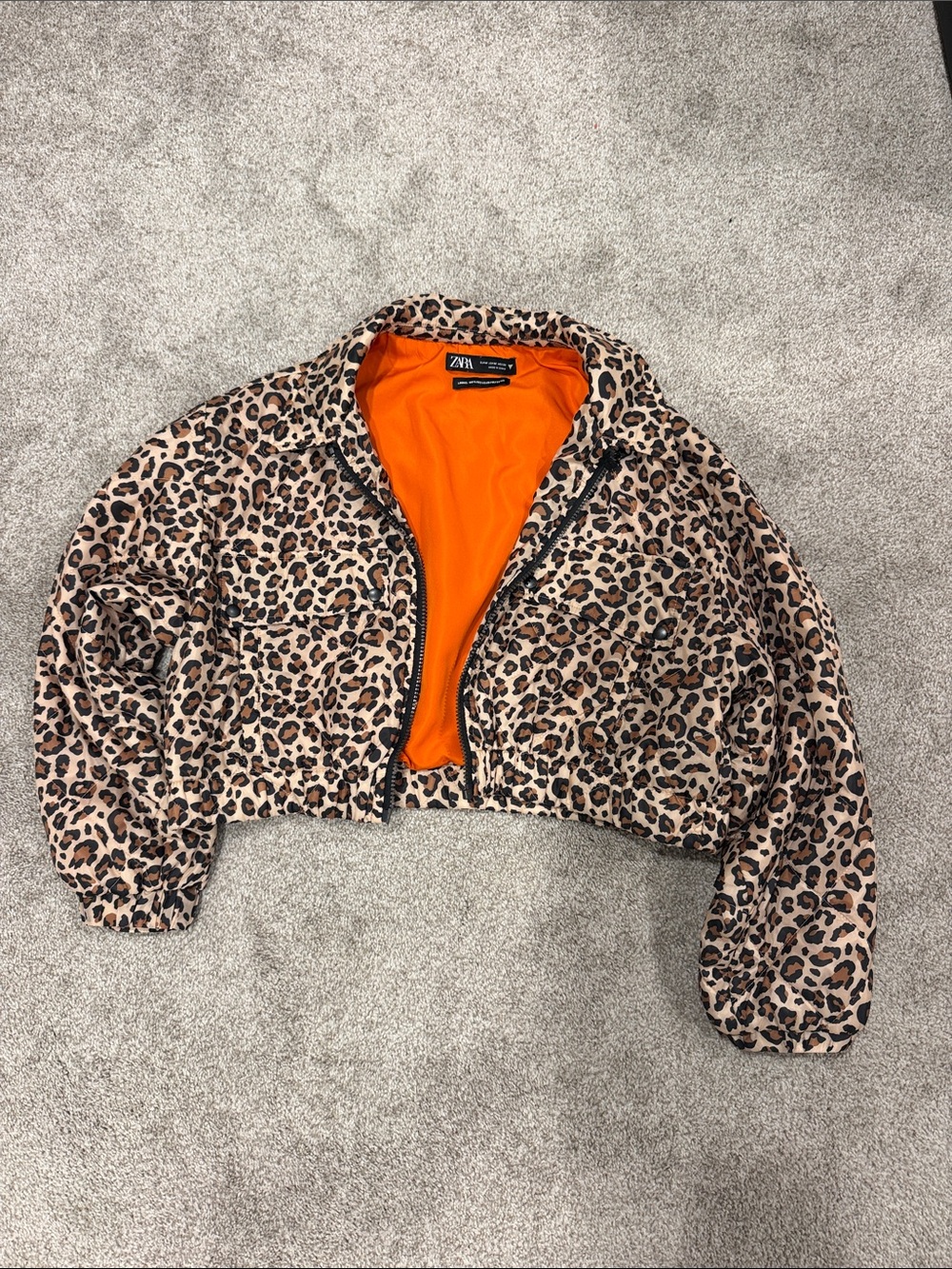 Zara Cropped Leopard Puffer Jacket with Orange Lining